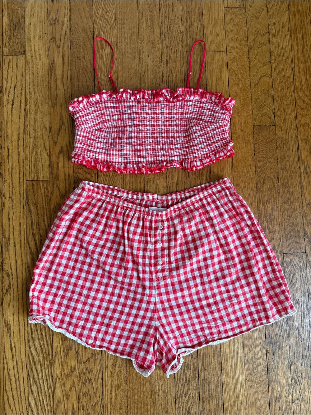 Red Gingham Set - High-Waist Women’s Shorts and Bra Top